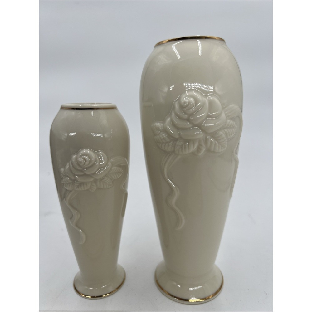 2 Lenox Ivory Rose Blossom 6" & 7.5" Tall Vase Raised Floral Detail & Gold Trim